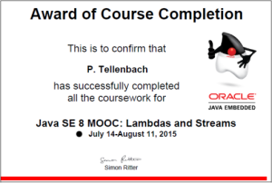 Award for completing MOOC about lambdas and streams