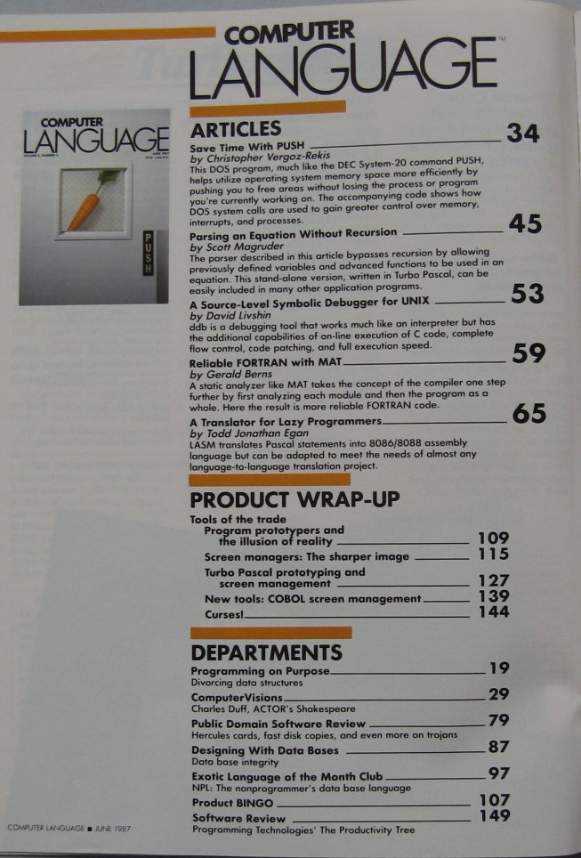 Index of Computer Language June 1987